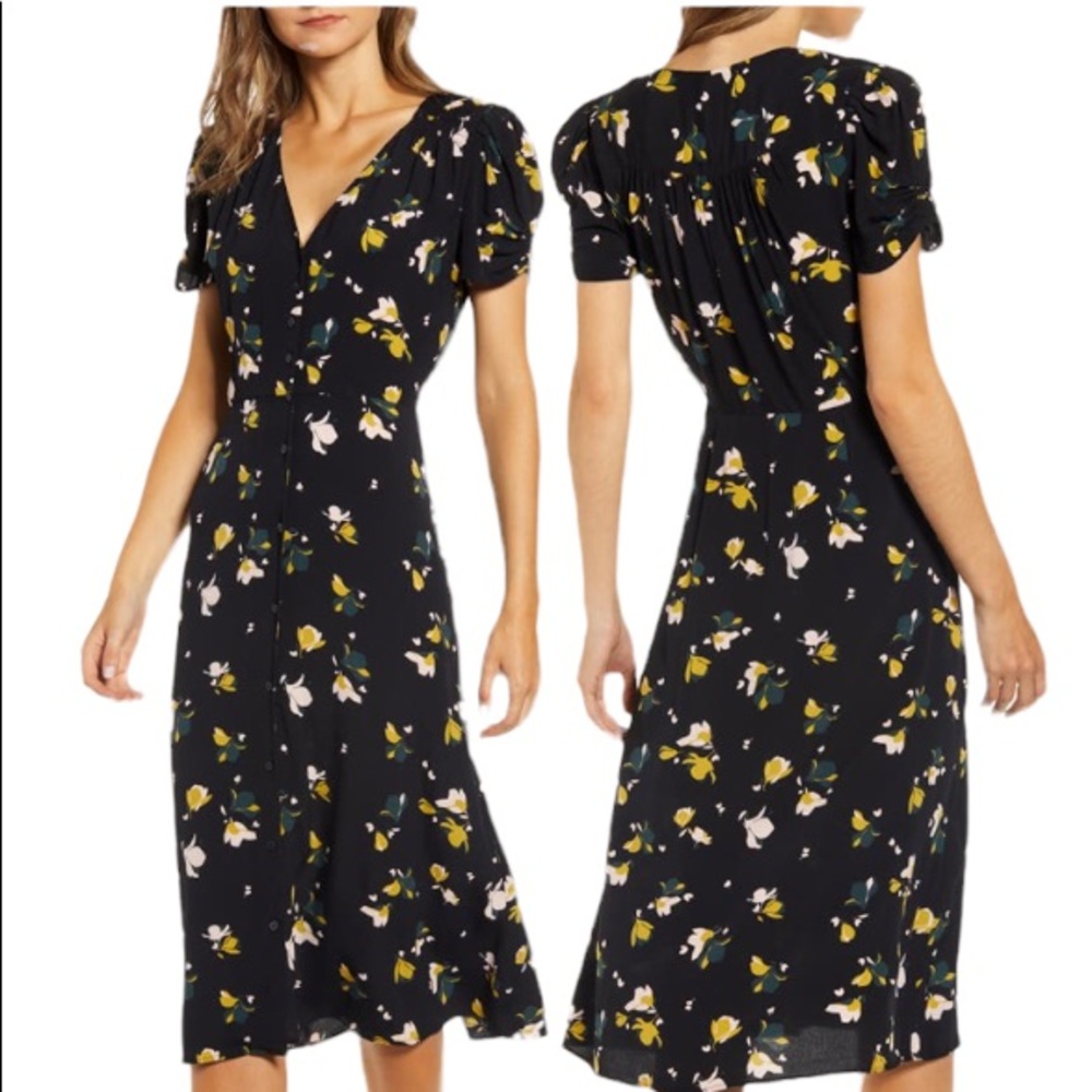 Chelsea28 Floral Ruched Sleeve Midi Dress Black XS